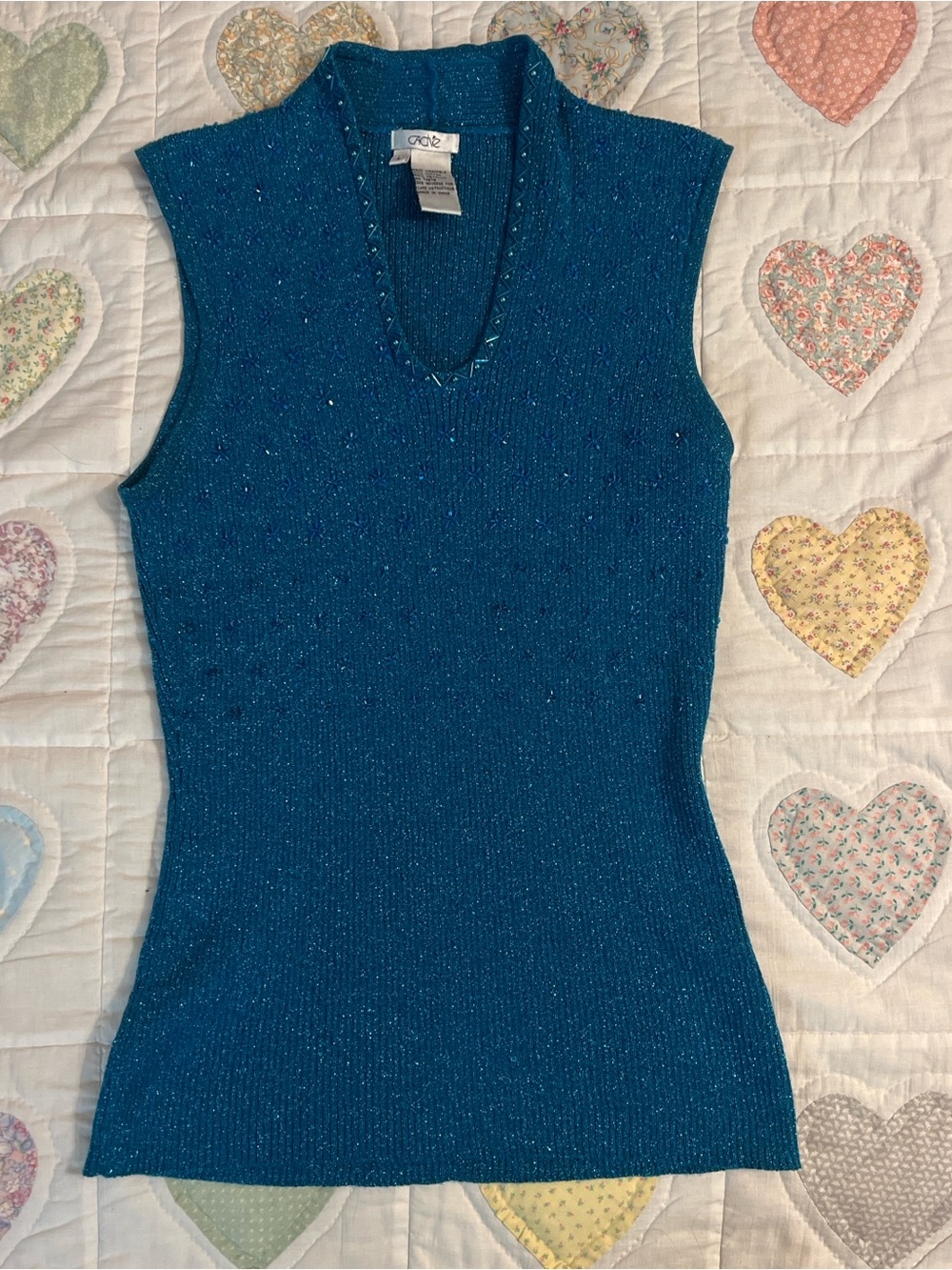 Cache Beaded Sparkly Blue Metallic Knit Y2K Vintage Top Size Large Stretchy - Picture 4 of 8